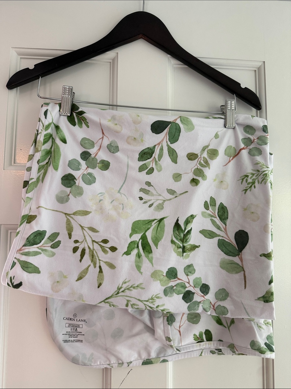 Caden Lane White Baby Blanket / Swaddle with Green Botanical Print